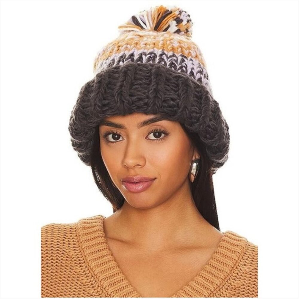 Free People Tide Stripe Knit Pom Beanie in Coal One size NWT